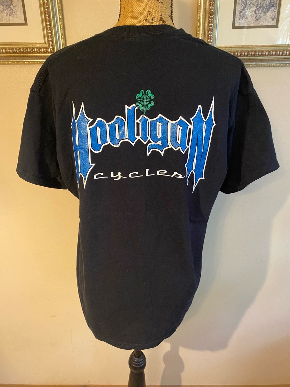 Hooligan Cycles Men’s Large Graphic T-Shirt Black Biker Tee w/Green Clover Logo